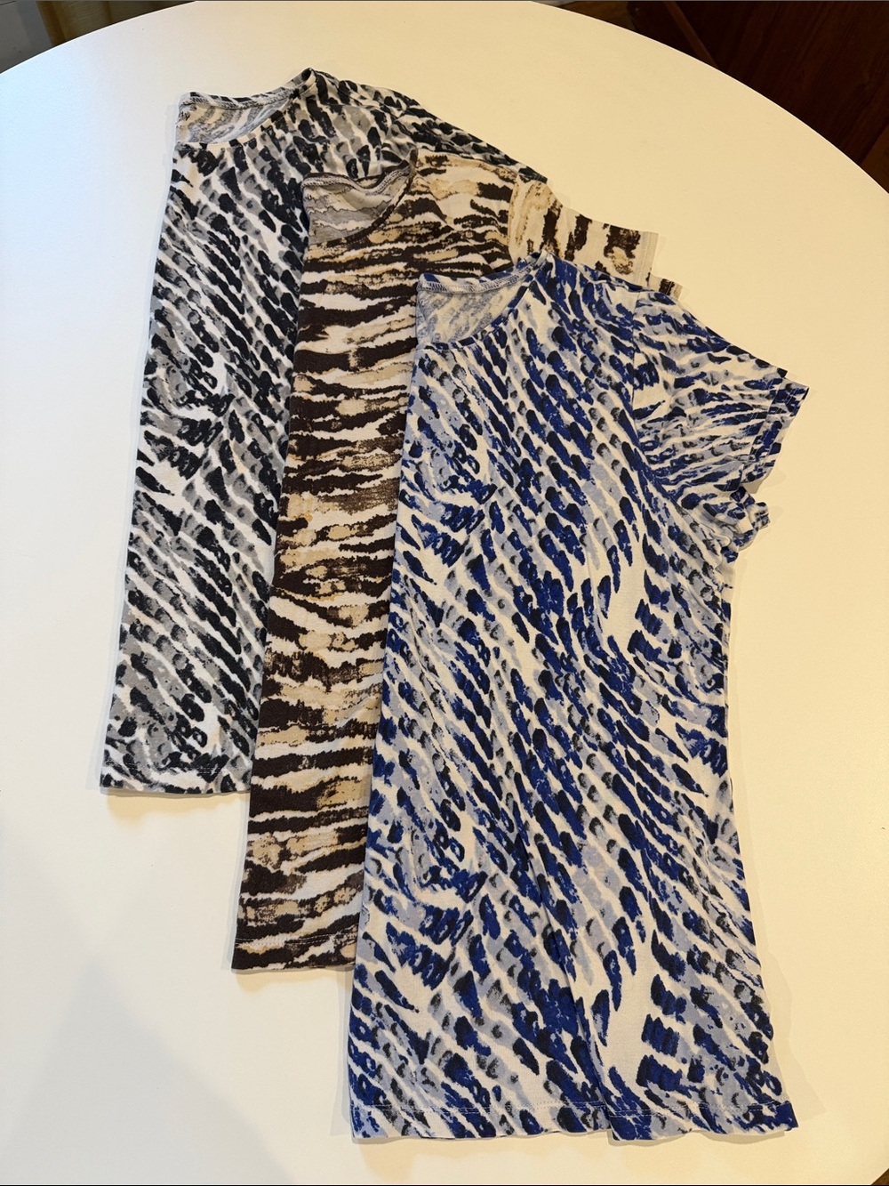 3 Women’s Animal Print Short Sleeve Tops - Blue, Brown, and black